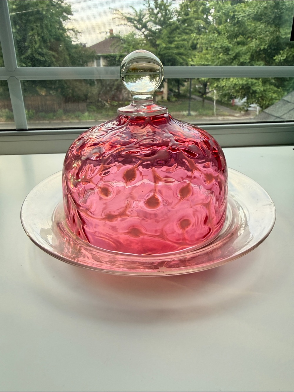 Cranberry Opalescent Glass Butter or Cheese Dish with Dome Lid